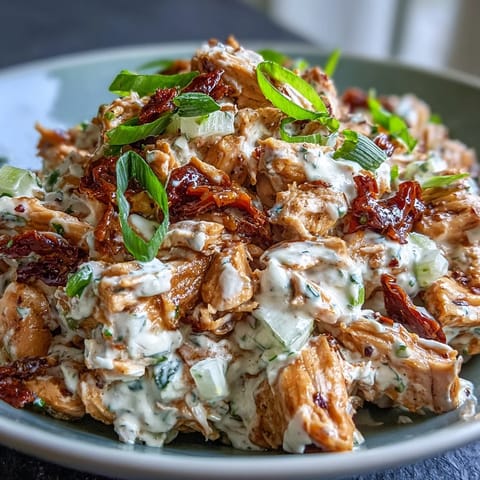 Creamy Greek yogurt and fresh basil dressing coating shredded chicken and chopped sun-dried tomatoes in this flavorful Sun-Dried Tomato Chicken Salad.