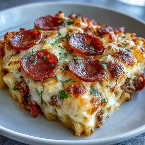 Ground beef and creamy Greek yogurt cheese sauce layered over penne pasta in a casserole dish.