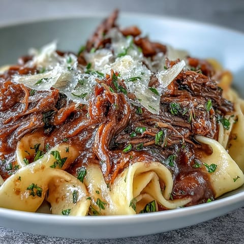 Slow-cooked Crockpot French Onion Pot Roast Pasta served with egg noodles and fresh parsley garnish.