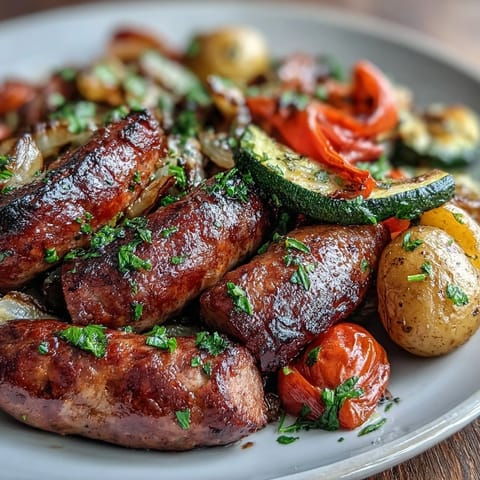 Roasted Smoky Sheet Pan Sausage & Veggies served on a platter for family-style dining.