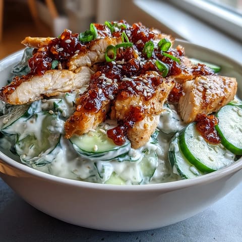 A hearty bowl of jasmine rice supports juicy marinated chicken and crunchy pickled cucumbers for an easy, healthy weeknight dinner.