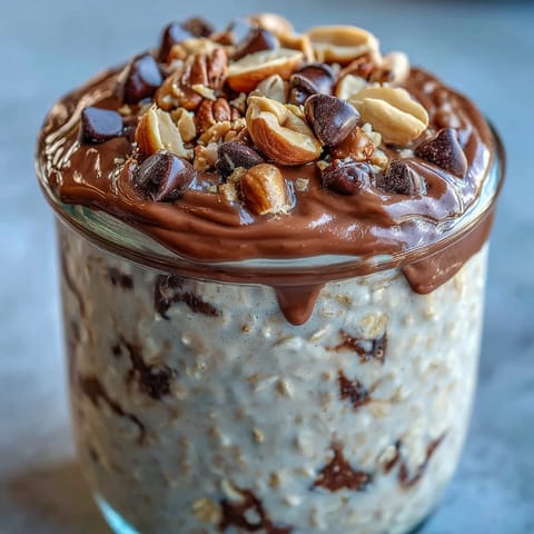 Cold Peanut Butter Cup Overnight Oats in a jar topped with chopped peanuts, ready to serve chilled.