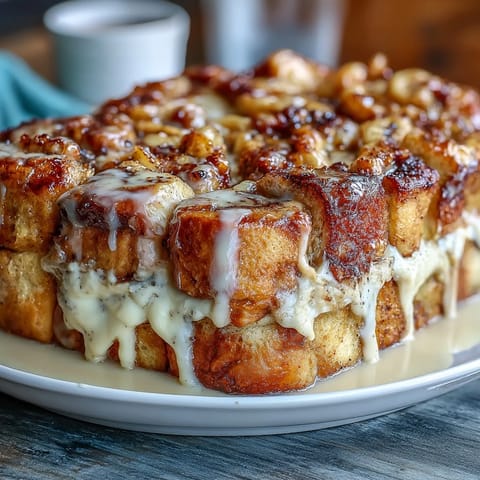 Freshly baked Cream Cheese Swirl Cinnamon Roll French Toast Bake with creamy swirls and banana notes, ready to slice.