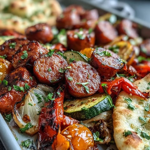 Golden-brown smoked sausage, red and yellow bell peppers, zucchini, and cherry tomatoes roasted with smoky paprika on a sheet pan, served alongside warm garlic naan for dipping.