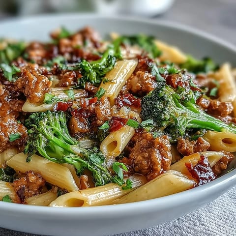 Sweet & Spicy Turkey Broccoli Pasta shows a vibrant, saucy skillet ready for a quick weeknight family dinner.
