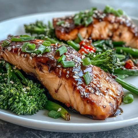 Glazed salmon and roasted broccoli bake together on a single sheet pan for a quick, flavorful weeknight dinner.