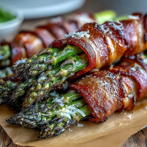 Fresh asparagus spears bundled with savory bacon in Keto Bacon-Wrapped Asparagus Bundles with Parmesan, served warm from the oven.