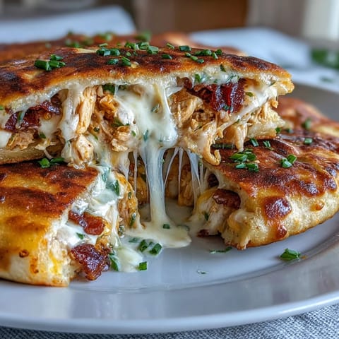 Golden-brown Ranch Crack Chicken Stuffed Naan, sliced to show melted cheddar and bacon filling.