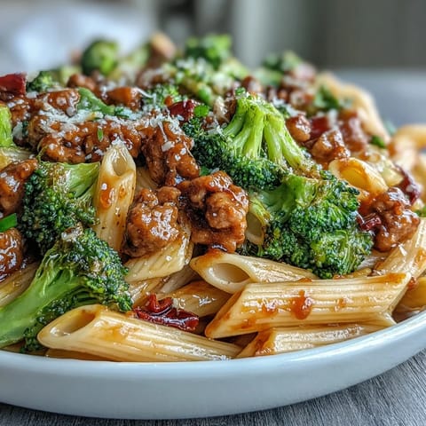 Steaming penne pasta tossed with ground turkey and bright broccoli florets in a glossy sweet and spicy sauce.