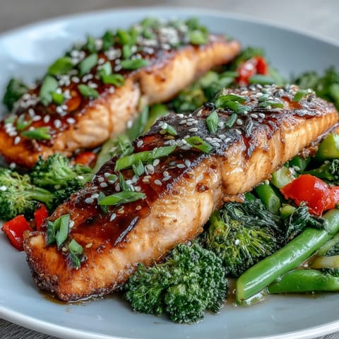 Four glazed salmon fillets and crisp broccoli florets roast on a sheet pan, finished with sesame seeds and scallions.