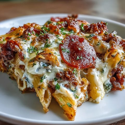 Hearty pizza pasta bake featuring melty mozzarella, savory pepperoni, and protein-rich Greek yogurt sauce, served fresh from the oven.  