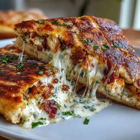 Creamy ranch chicken, cheddar, and bacon stuffed in golden garlic naan, grilled until crisp and melty for a cheesy handheld meal.  