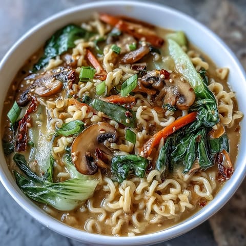Creamy vegan coconut curry ramen with bok choy and mushrooms, rich with aromatic spices and tender vegetables in a fragrant broth.