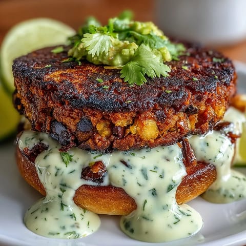 2. Hearty plant-based burgers made from roasted sweet potatoes and black beans, topped with zesty avocado lime sauce for a satisfying vegan meal.  