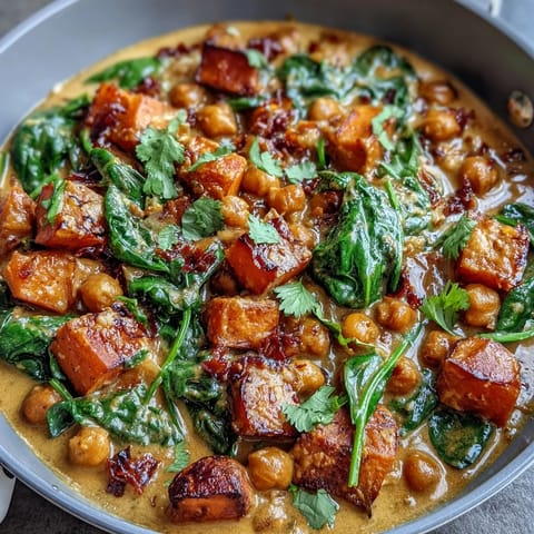 Creamy Coconut Curry Chickpea Skillet with Spinach and Sweet Potato—a vibrant, one-pan vegan meal packed with tender sweet potatoes, protein-rich chickpeas, and fresh spinach simmered in fragrant coconut curry sauce.