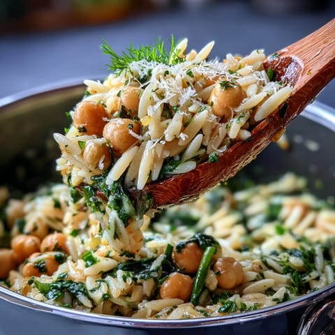 Creamy one-pot lemon herb orzo with chickpeas and spring veggies, bursting with fresh asparagus, zucchini, and spinach.