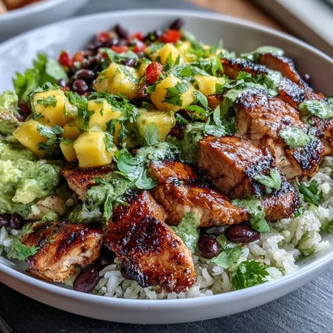 Mango avocado salsa chicken bowls with brown rice and black beans, featuring juicy grilled chicken and fresh tropical salsa in a nourishing, colorful dish.  