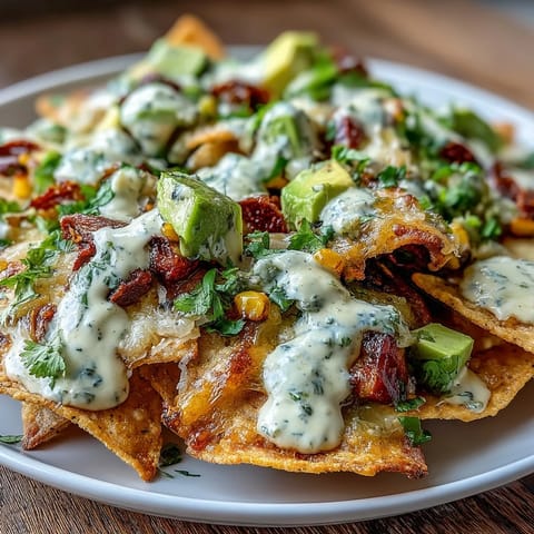 Vibrant sheet pan nachos loaded with roasted vegetables, tangy salsa verde, and creamy cashew queso for a vegan Tex-Mex feast.