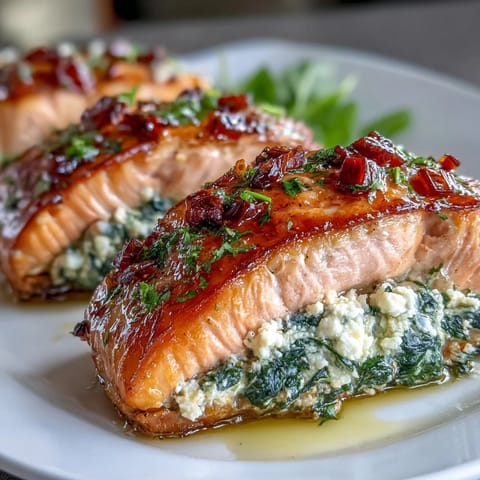 Flavorful salmon fillets filled with creamy spinach-feta stuffing, baked until tender and golden brown.  