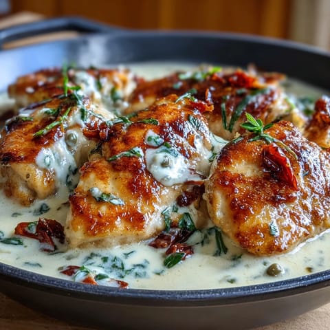 Creamy Pepperoncini Chicken Skillet with golden seared chicken in a tangy, rich sauce.  
