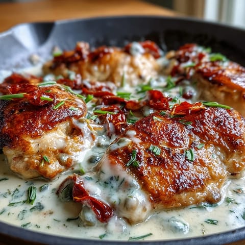 A one-pan pepperoncini chicken dish with luscious cream sauce and tender chicken thighs.  