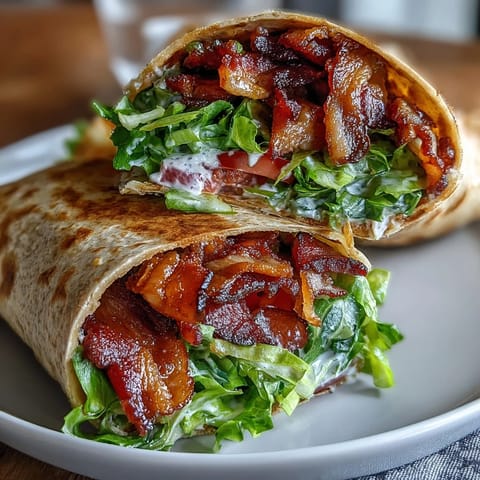 Gourmet BLT Wraps with Secret Sauce featuring crispy bacon, marinated tomatoes, and crisp lettuce in a soft tortilla.