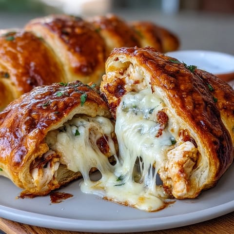 Flaky crescent dough pillows filled with savory chicken and cheese, topped with a buttery garlic Parmesan glaze.  
