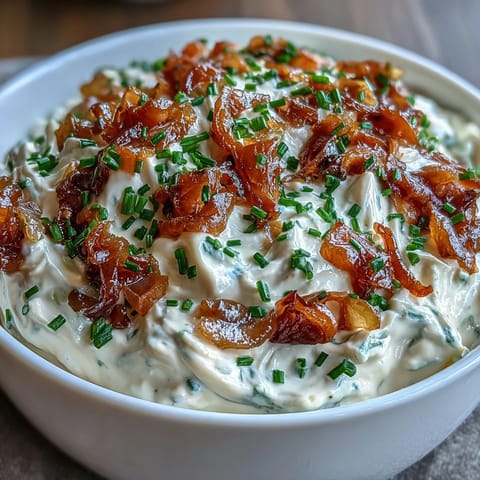 Golden caramelized onions blended into rich sour cream dip, garnished with chives for a savory appetizer.  