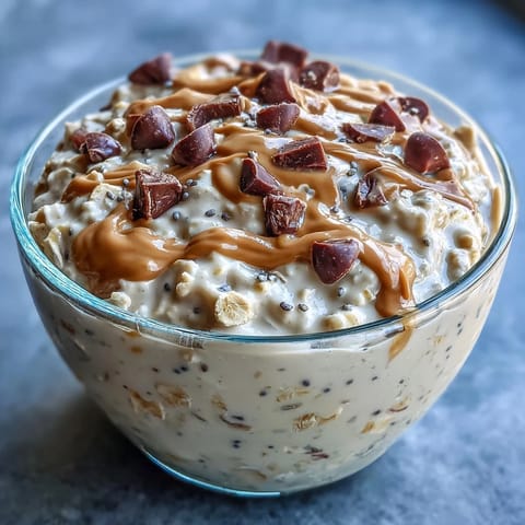 Creamy overnight oats topped with chocolate chips and peanut butter swirls for a satisfying breakfast.