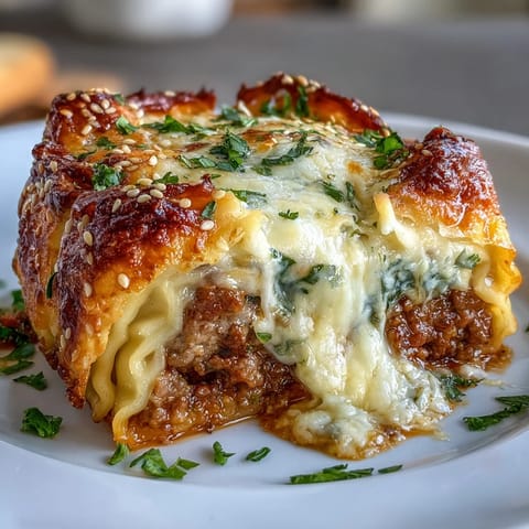 Hearty Dumpling Lasagna Bake with ground pork and cabbage, golden cheese bubbling over tender dumpling layers.