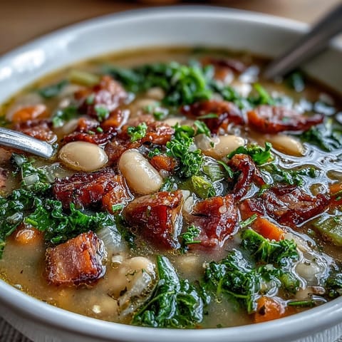 Hearty ham and kale white bean soup with tender vegetables and smoky ham in a rich broth.  