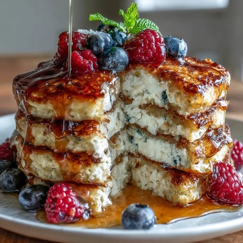 Golden-brown protein pancakes with pockets of juicy berries, served on a rustic wooden board for a cozy breakfast.  