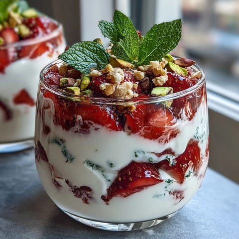 A vibrant pistachio and strawberry breakfast parfait with layers of creamy yogurt, fresh berries, and crunchy nuts in a clear glass jar.
