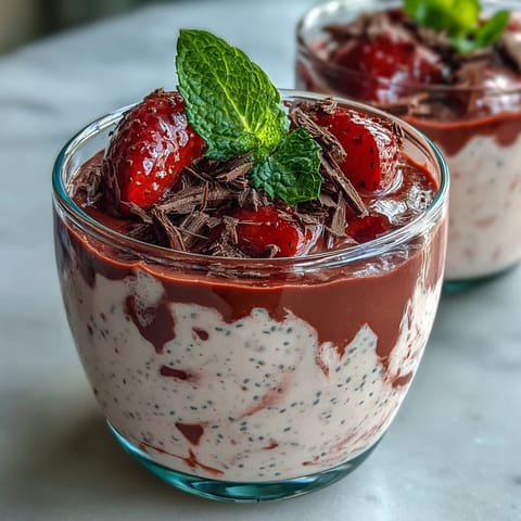Creamy strawberry yogurt chia pudding topped with fresh berries and dark chocolate shavings for a healthy breakfast or dessert.