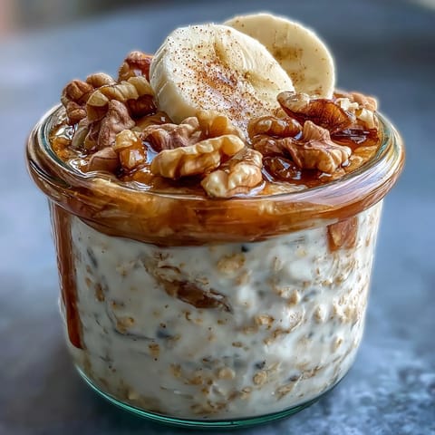 A creamy bowl of banana bread overnight oats with walnuts, topped with fresh banana slices and a drizzle of maple syrup.  