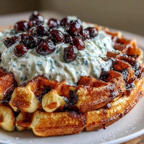 Fluffy sourdough waffles loaded with juicy blueberries and zesty lemon, served warm with creamy maple yogurt drizzle.