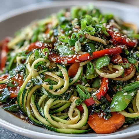 1. Colorful Healthy Easy Zucchini Noodle Stir Fry with crisp veggies and light Asian-inspired sauce in a wok.  