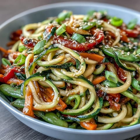 2. Vibrant spiralized zucchini noodles tossed with red bell pepper, snap peas, and fragrant ginger in a quick stir fry.  