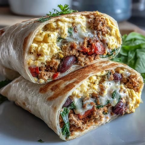 A satisfying high-protein breakfast burrito filled with scrambled eggs, lean turkey, spinach, and cheese, perfect for busy mornings.