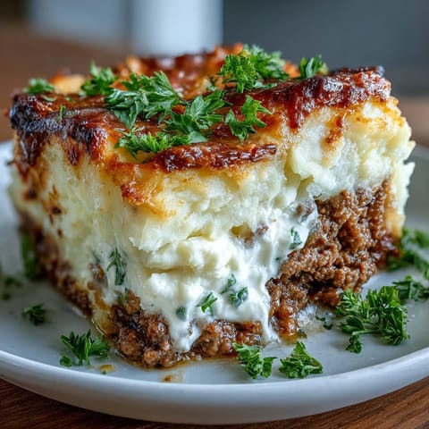 A hearty shepherd's pie stuffed baked potato with savory beef, vegetables, and creamy mashed potato topping.
