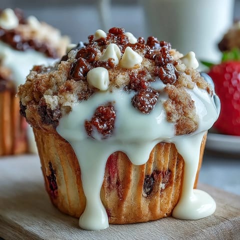 Fresh strawberry muffins studded with creamy white chocolate chips, baked golden and ready for breakfast.