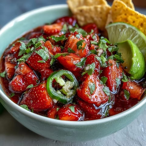 Fresh strawberry salsa with lime and jalapeño, a vibrant and zesty fruit salsa perfect for tacos or chips.