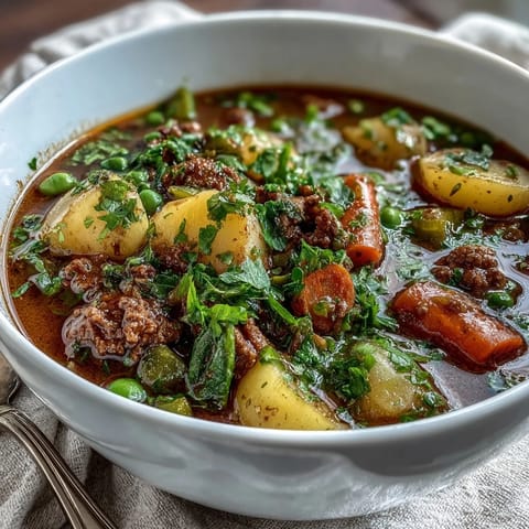 A hearty bowl of Shepherds Pie Soup featuring ground beef, mixed vegetables, and creamy potatoes in a rich, comforting broth.  