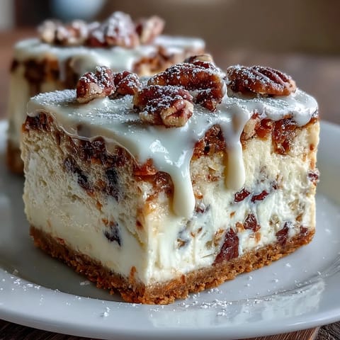 Creamy cheesecake swirled with spiced carrot cake, topped with smooth vanilla frosting in a golden square pan.