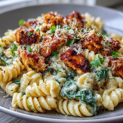 Creamy lemon orzo with chicken and spinach, topped with Parmesan and fresh parsley in a skillet.  