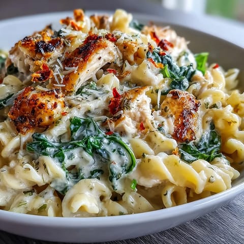 Warm, zesty lemon orzo with tender chicken and wilted spinach, served in a cozy Mediterranean-inspired dish.  