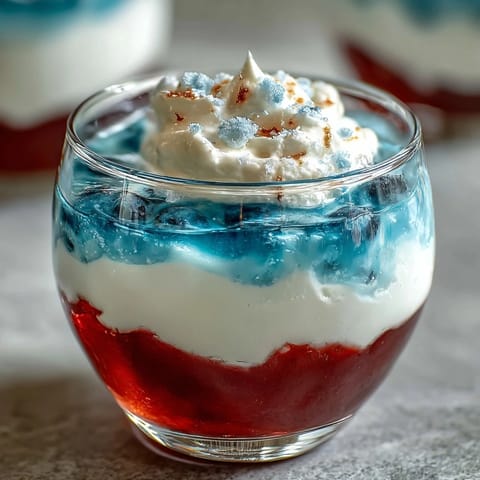 Red, white, and blue layered Jello cups in clear glasses, showing vibrant stripes of strawberry, creamy white, and blue raspberry gelatin for a festive look.