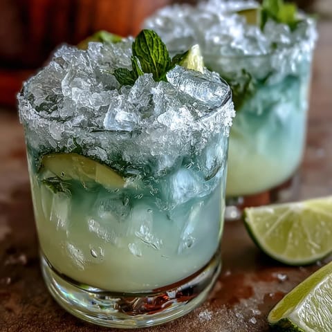 Vibrant non-alcoholic margarita bursting with fresh lime and orange juice, garnished with mint and a festive salted rim.