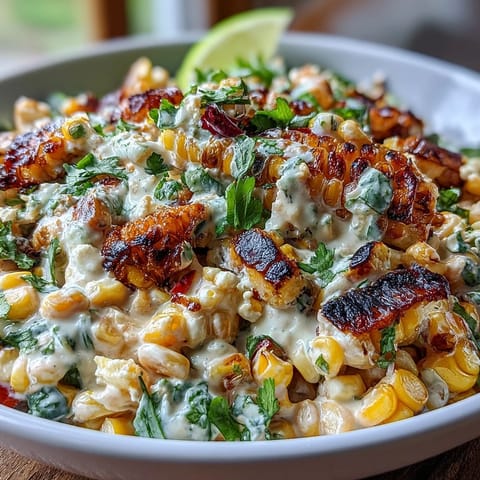 Creamy Mexican street corn salad bursting with smoky grilled corn, tangy Cotija, and fresh cilantro, served chilled for a refreshing side.