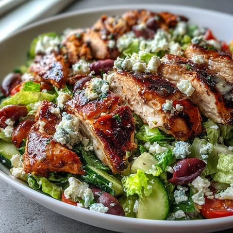 Grilled chicken breast slices atop a colorful Greek salad bowl with feta, tomatoes, and olives.  
